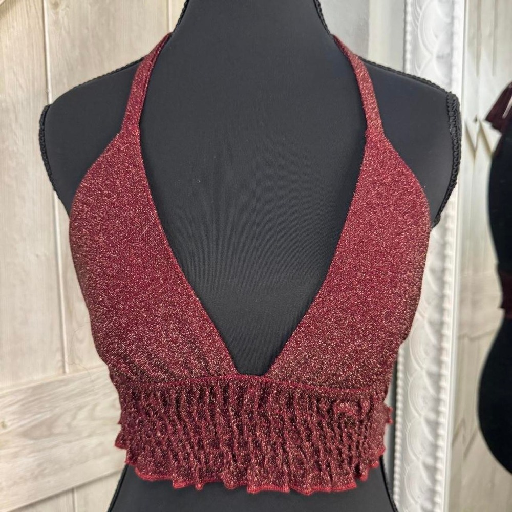 Subdued burgundy glitter halter crop top with ruffled hem, size S